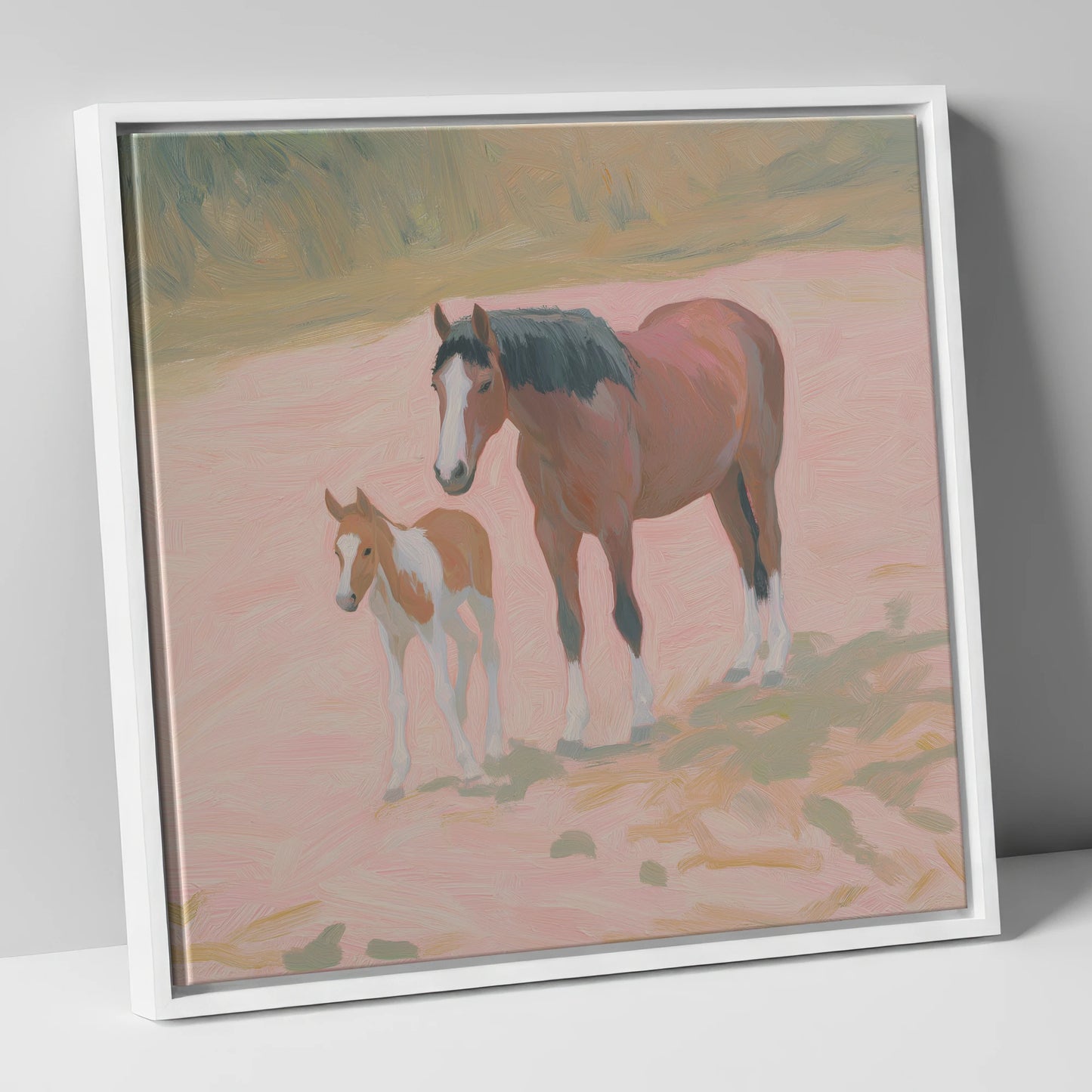 The Gentle Bond mare & foal canvas wall art in white frame