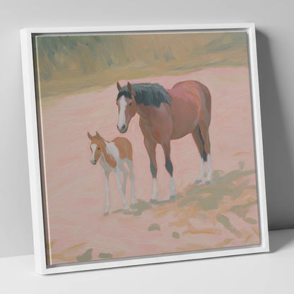The Gentle Bond mare & foal canvas wall art in white frame