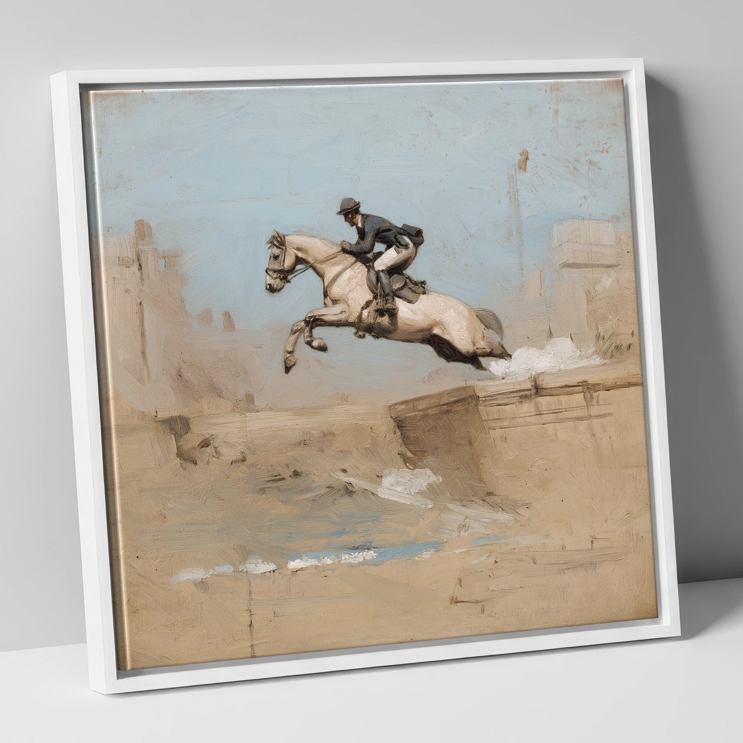 Clearing the Bank show jumping horse canvas wall art in white frame