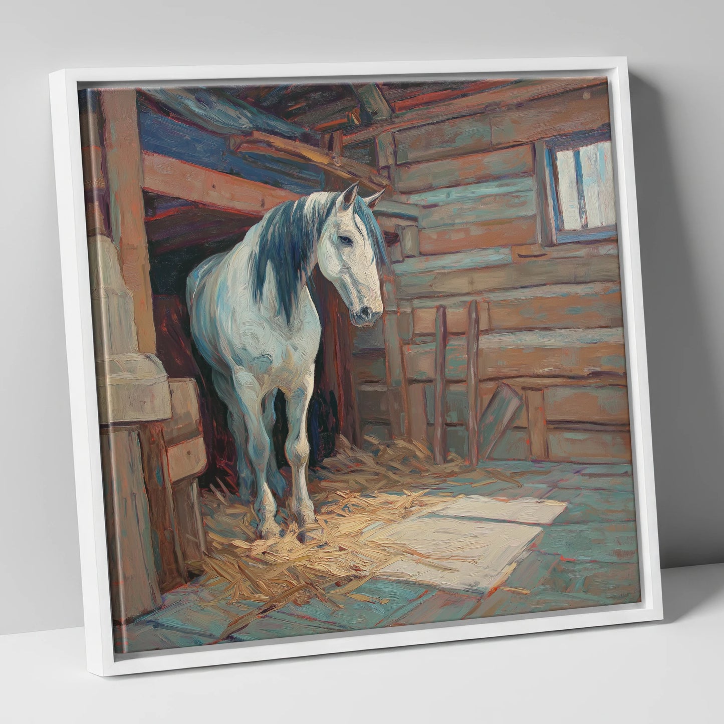 Peaceful Stable Morning horse stable canvas wall art in white frame