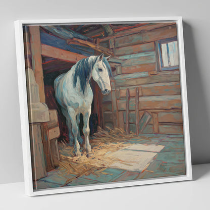 Peaceful Stable Morning horse stable canvas wall art in white frame