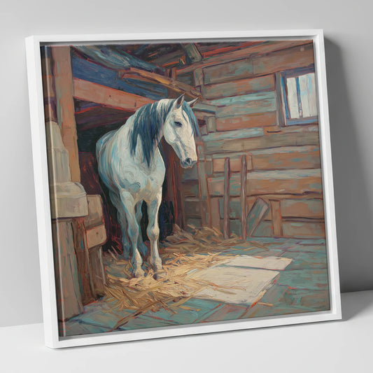 Peaceful Stable Morning horse stable canvas wall art in white frame