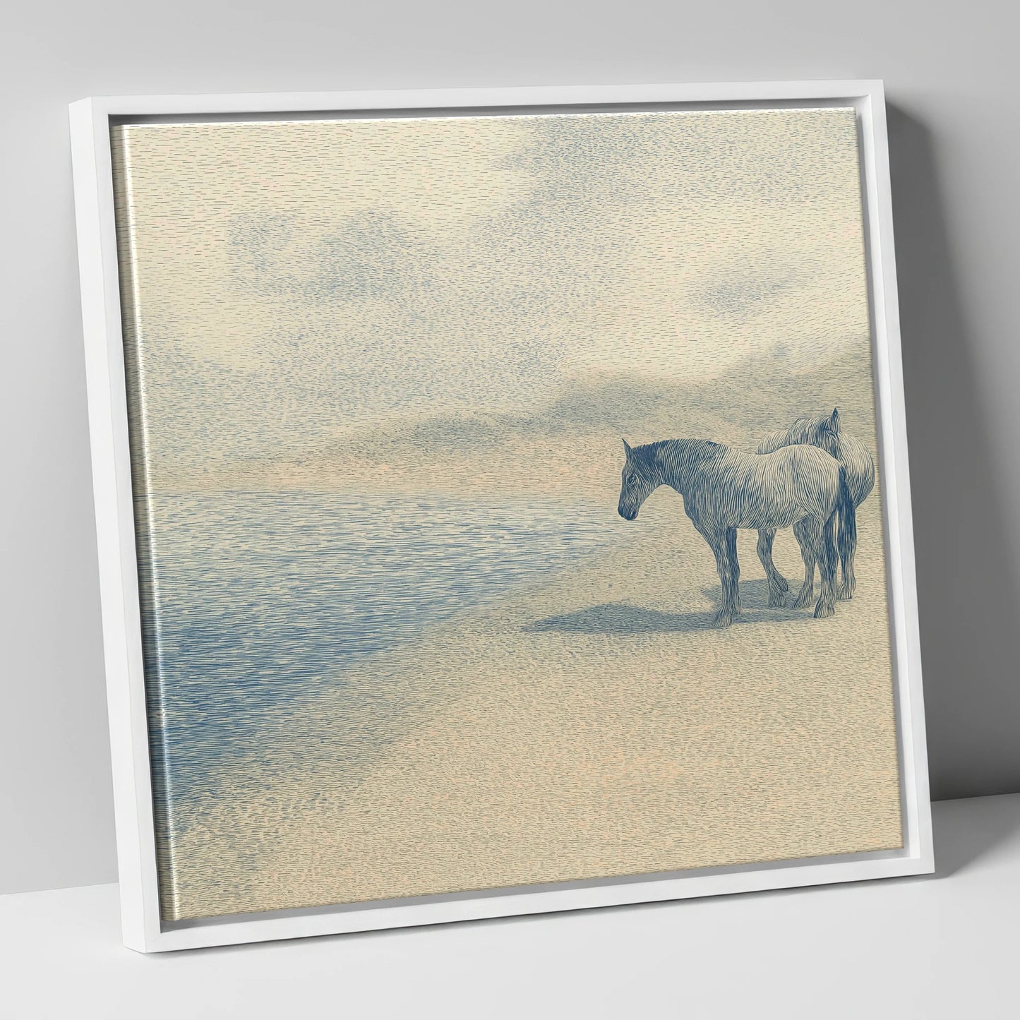 Coastal Companions horse landscape canvas wall art in white frame