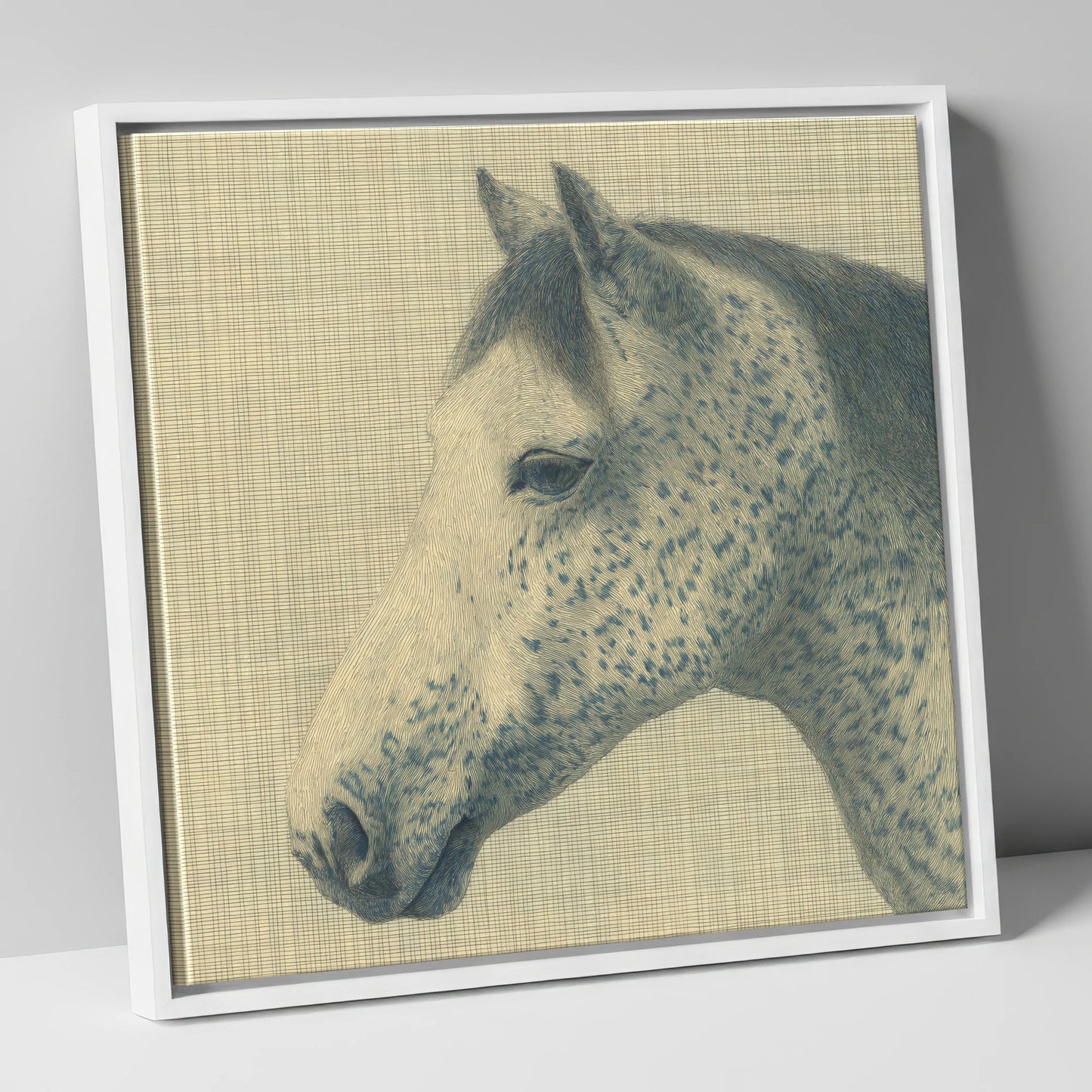 Meticulous Speckled Grey horse breed canvas wall art in white frame