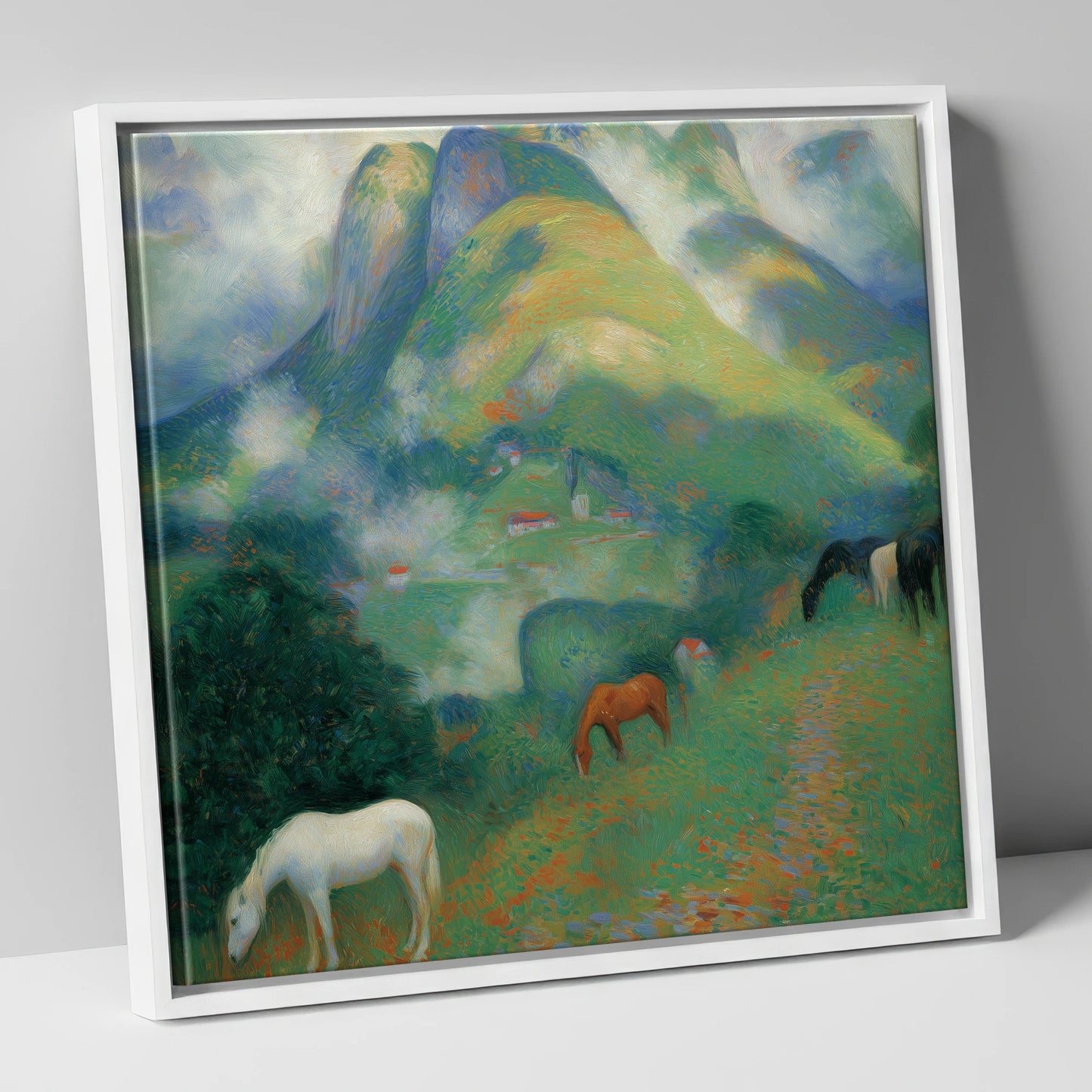 Luminous Alpine Valley horse landscape canvas wall art in white frame