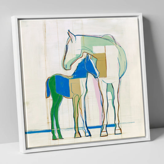 Modern Equine Kinship mare & foal canvas wall art in white frame