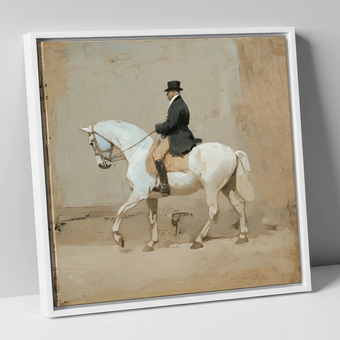 Classical Harmony dressage horse canvas wall art in white frame