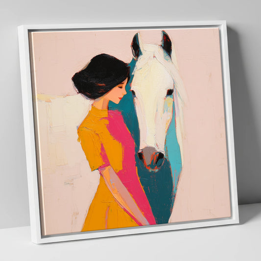Vibrant Harmony horse & rider canvas wall art in white frame