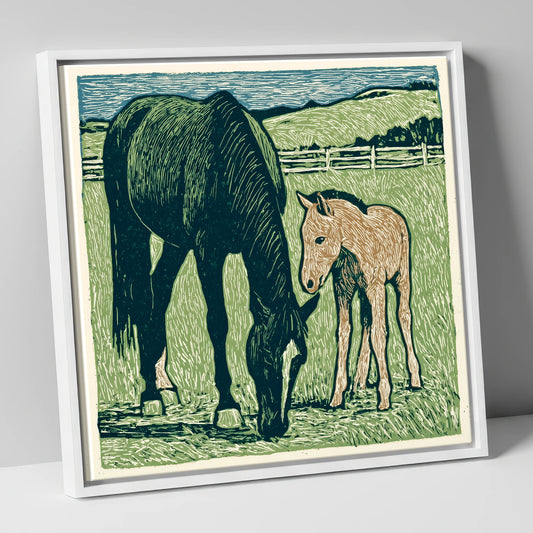 Rustic Pasture Companions mare & foal canvas wall art in white frame