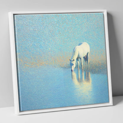 Luminous Waters horse landscape canvas wall art in white frame