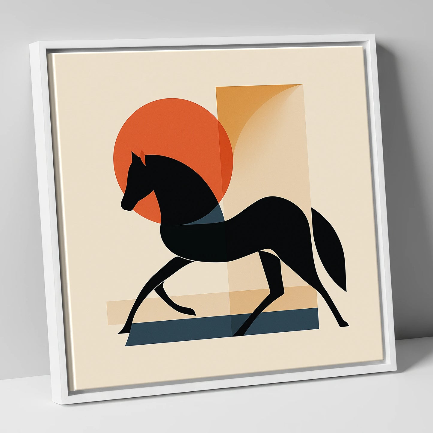 Mid-Century Equine Silhouette horse portrait canvas wall art in white frame