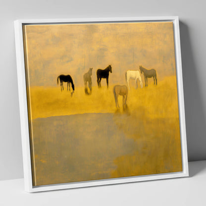 Golden Haze Grazing wild horses canvas wall art in white frame