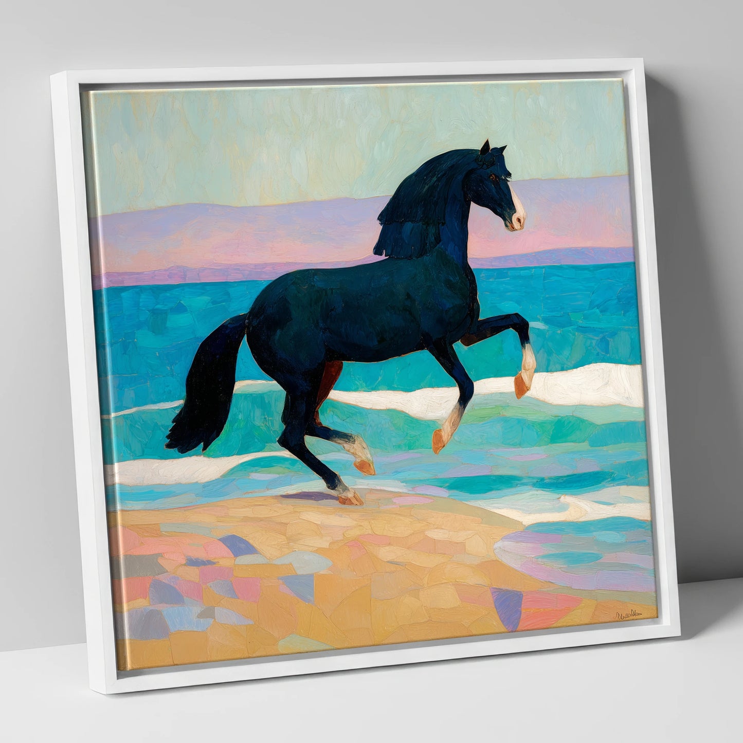 Azure Coastal Rhythm horse landscape canvas wall art in white frame