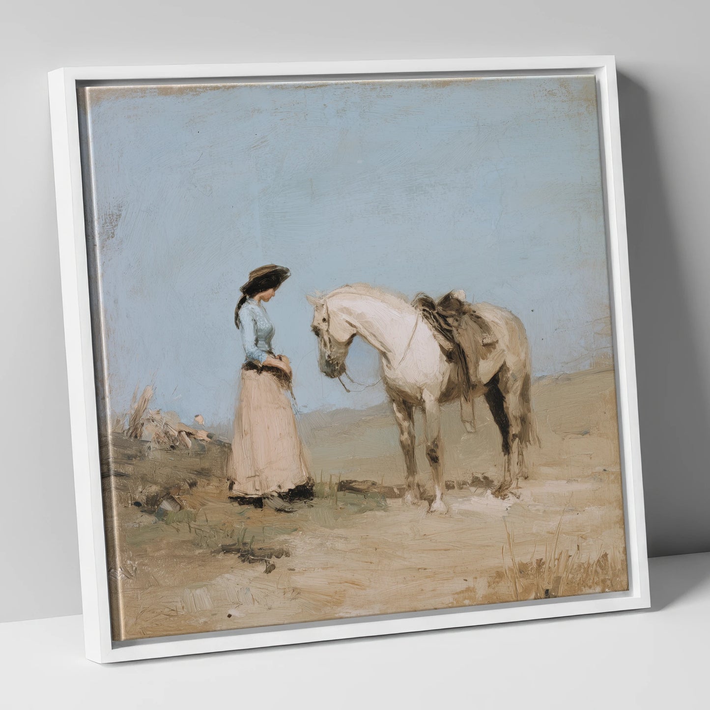 The Waiting Grey horse & rider canvas wall art in white frame