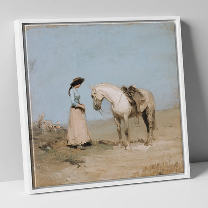 The Waiting Grey horse & rider canvas wall art in white frame