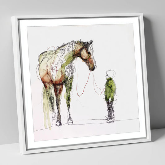 Quiet Connection horse & rider canvas wall art in white frame
