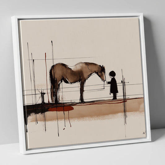 Sepia Horse and Child Greeting horse & rider canvas wall art in white frame