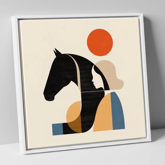 Geometric Equine Harmony horse & rider canvas wall art in white frame
