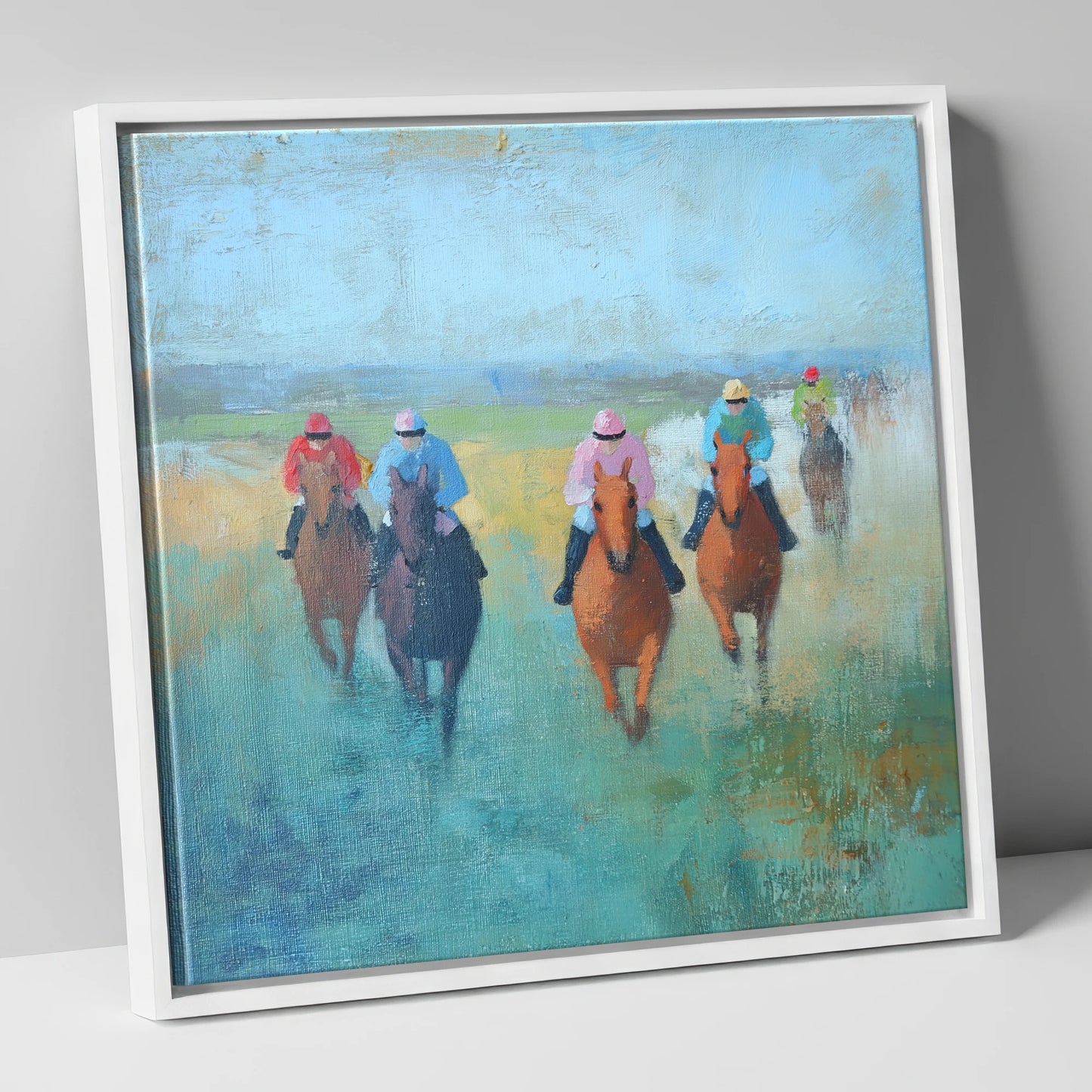 Through the Mist racing horse canvas wall art in white frame