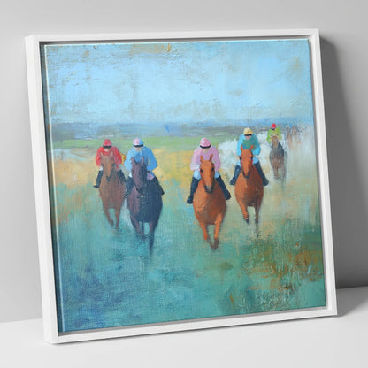 Through the Mist racing horse canvas wall art in white frame
