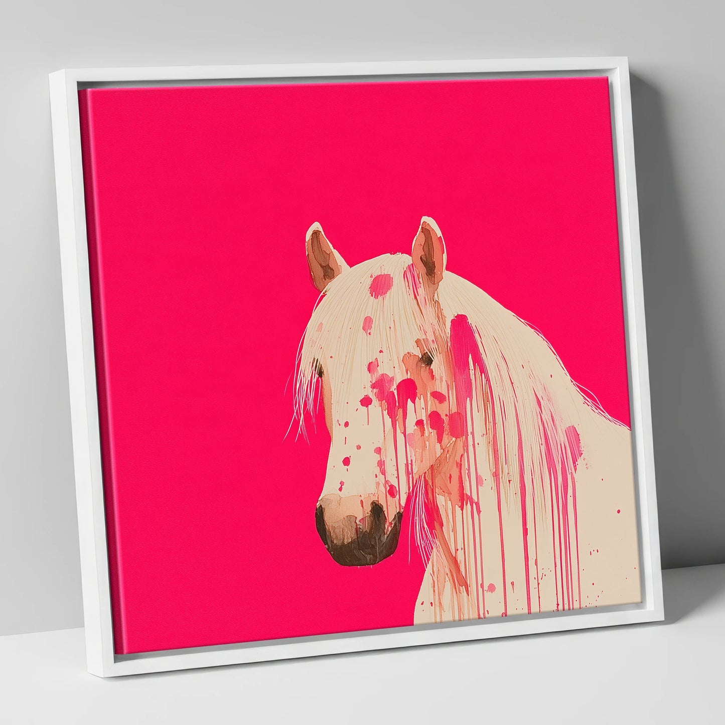 Modern Magenta Equine horse portrait canvas wall art in white frame