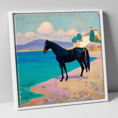 Midnight on the Riviera horse landscape canvas wall art in white frame