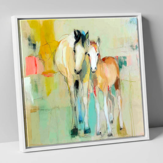 Gentle Nurture mare & foal canvas wall art in white frame