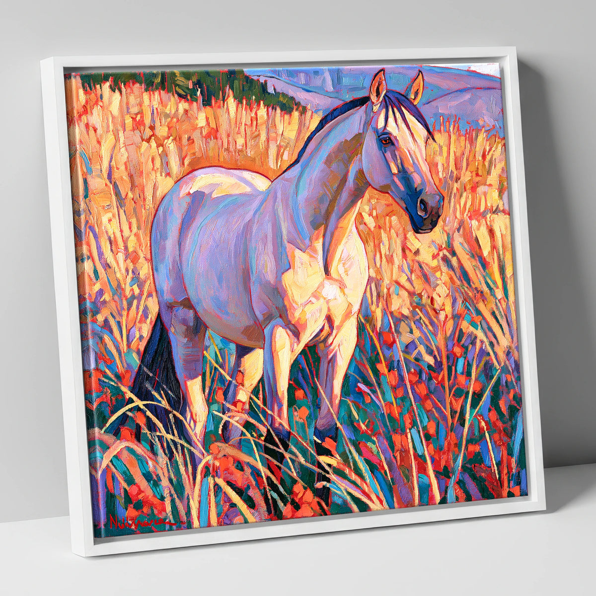 Vibrant Horse in Golden Grass horse breed canvas wall art in white frame