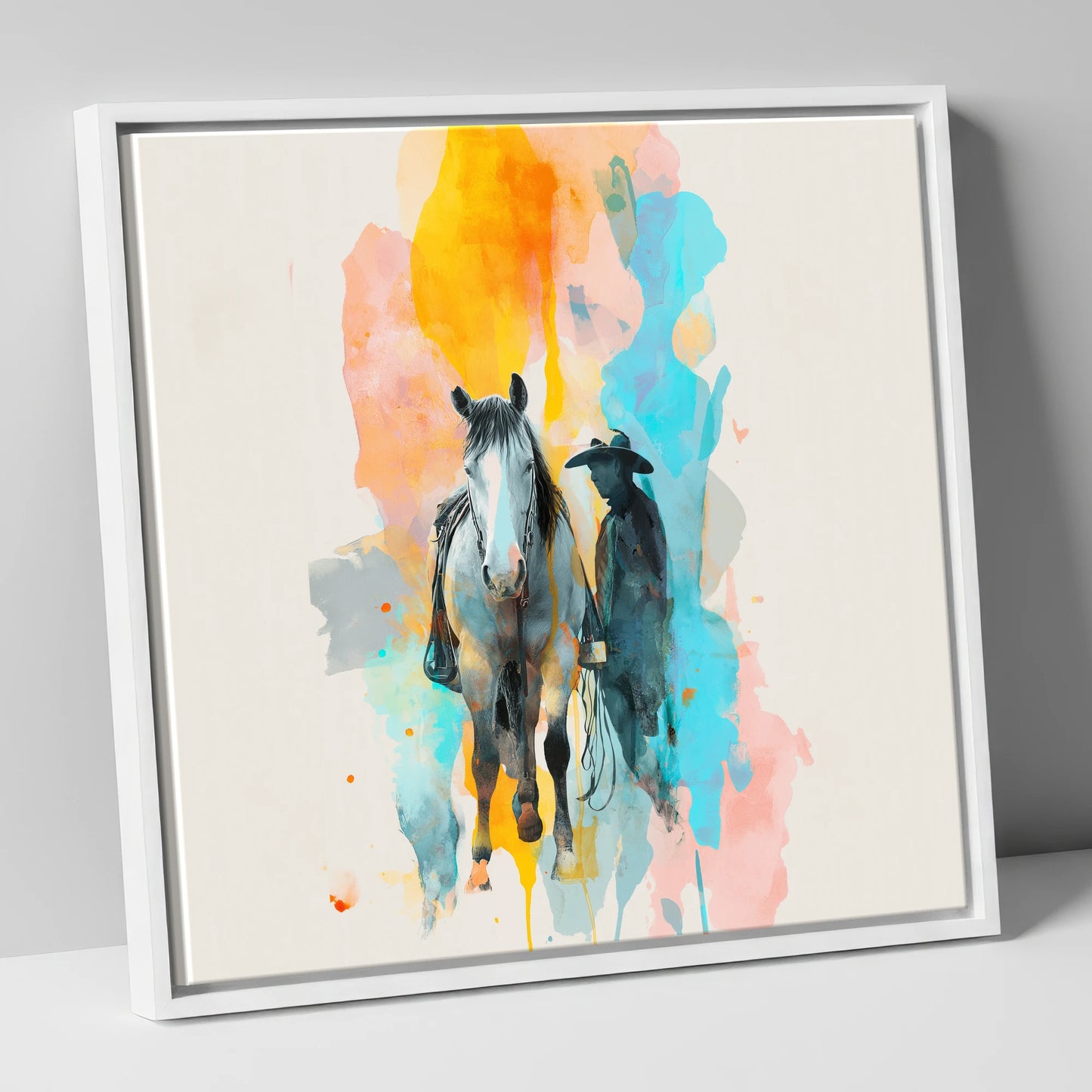 Vibrant Frontier Bond western horse canvas wall art in white frame
