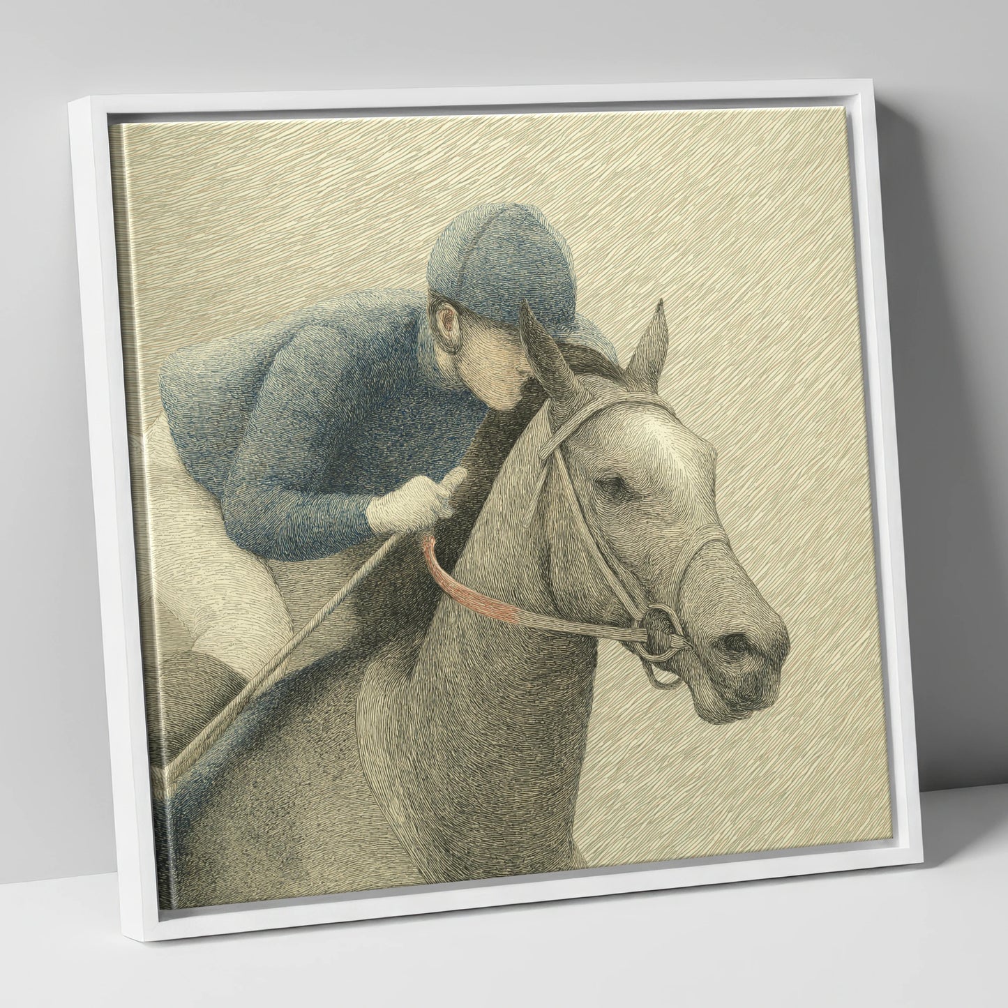 Focused Pursuit racing horse canvas wall art in white frame