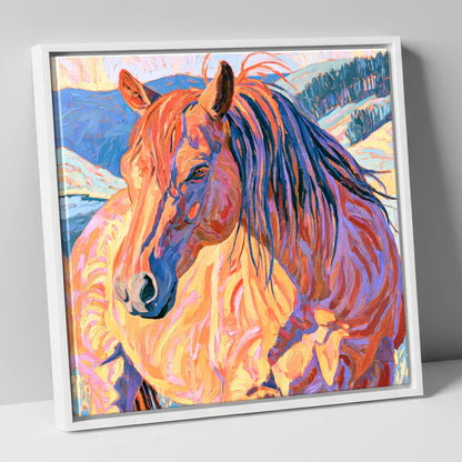 Horse in Vibrant Mountain Snow horse breed canvas wall art in white frame