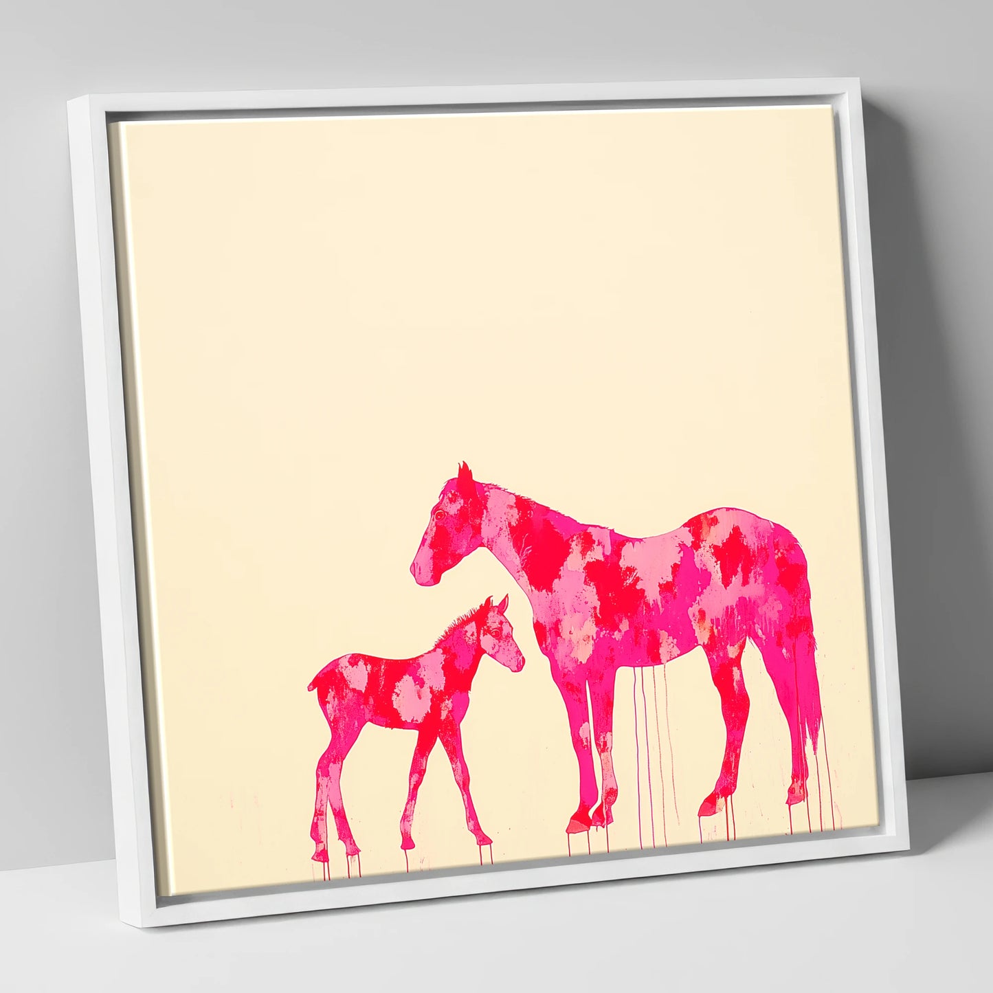 Magenta Mare and Foal mare & foal canvas wall art in white frame