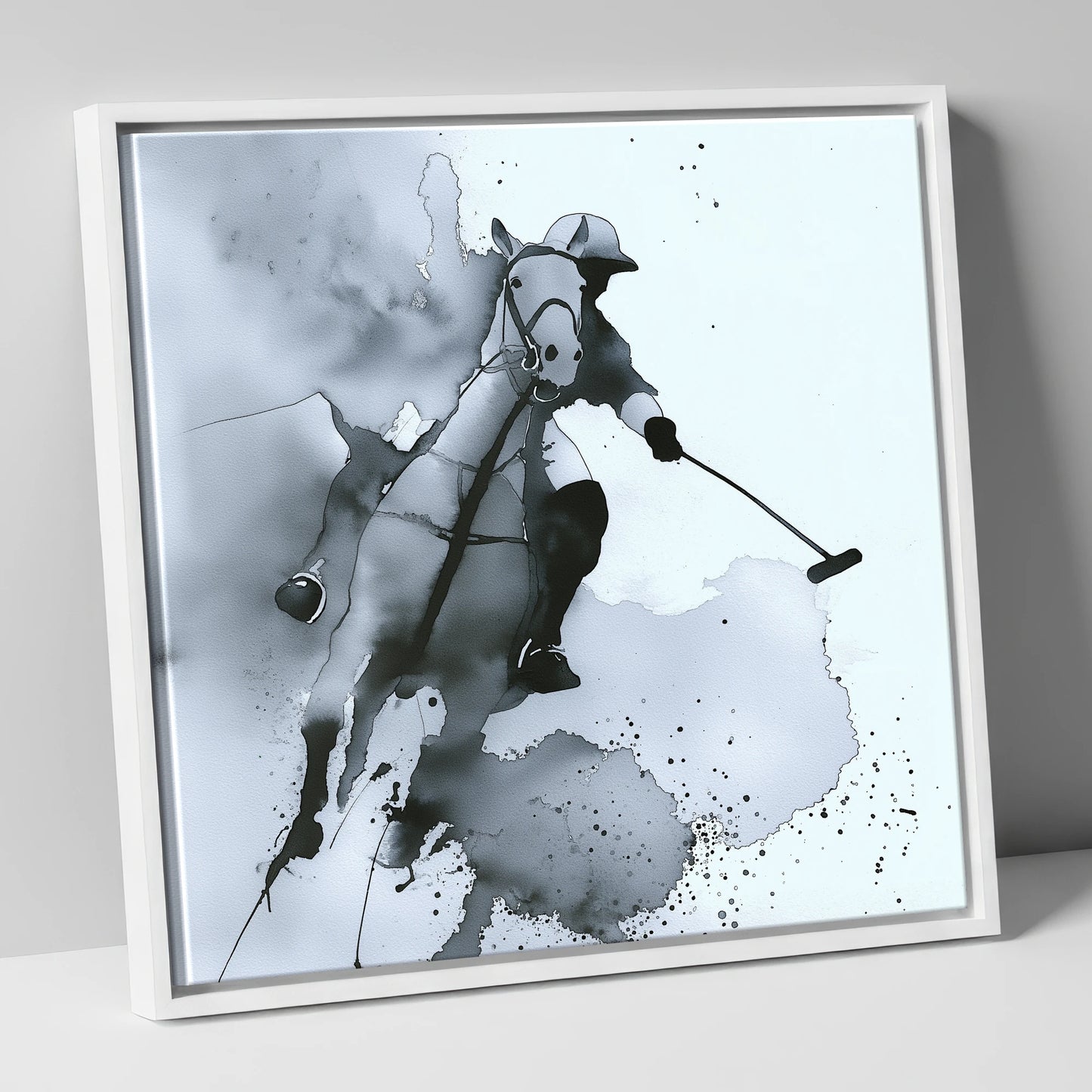 The Striker's Charge polo horse canvas wall art in white frame