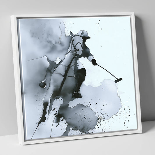 The Striker's Charge polo horse canvas wall art in white frame