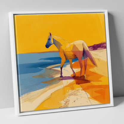 Vibrant Coastal Stride horse landscape canvas wall art in white frame
