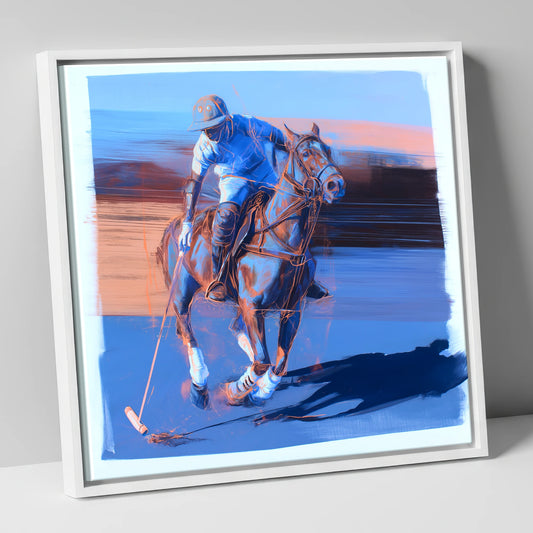 The Cobalt Chukka polo horse canvas wall art in white frame
