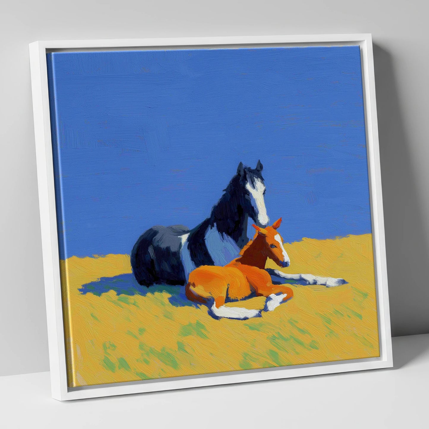 Sun-Drenched Bond mare & foal canvas wall art in white frame