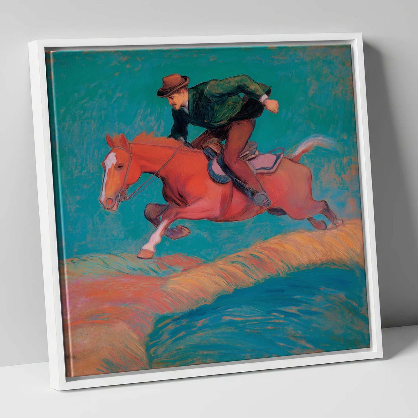 The Bold Leap show jumping horse canvas wall art in white frame