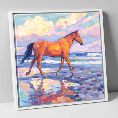 Vibrant Coastal Stroll horse landscape canvas wall art in white frame