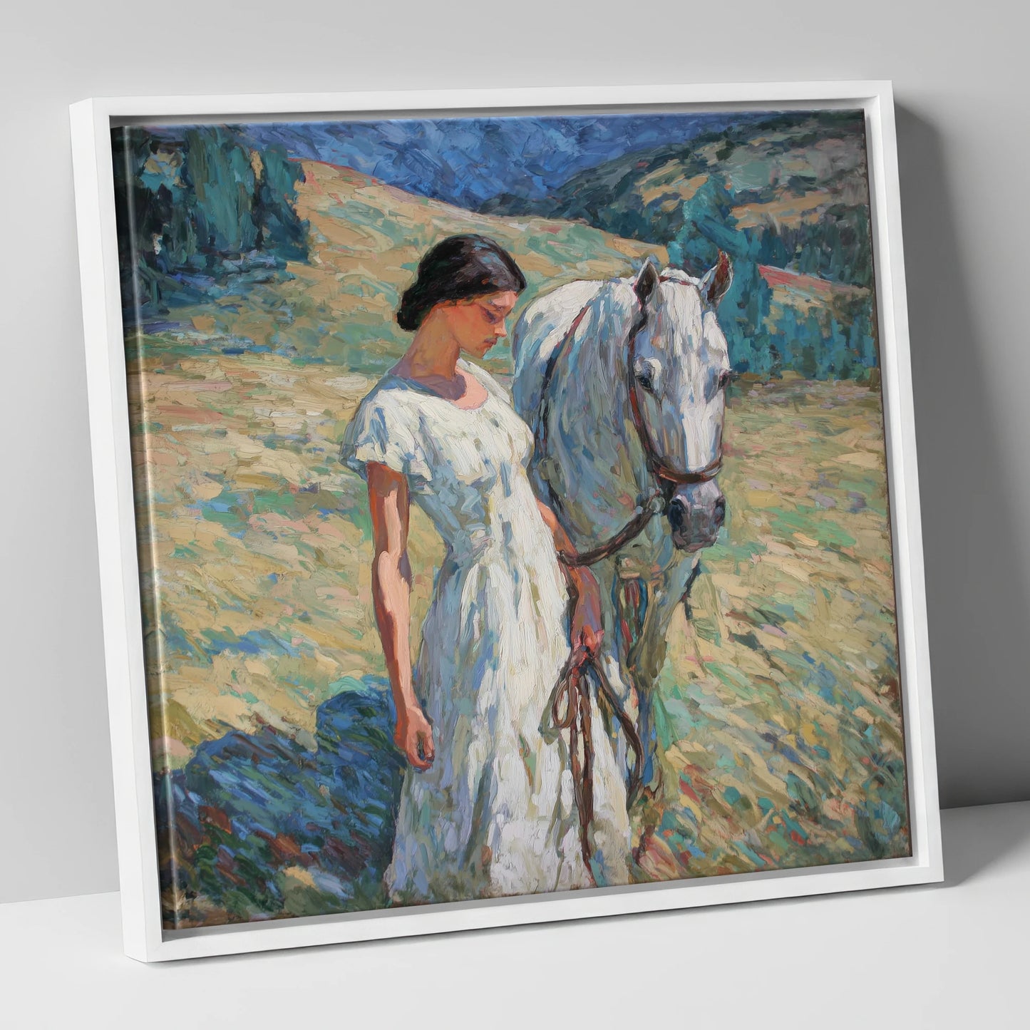 A Quiet Connection horse & rider canvas wall art in white frame