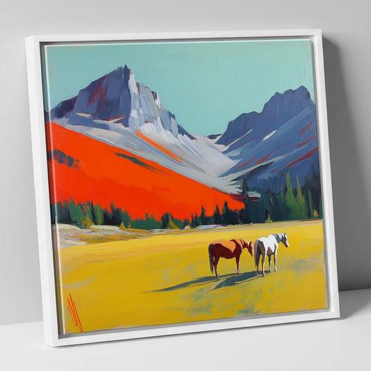 Vivid Mountain Meadow horse landscape canvas wall art in white frame