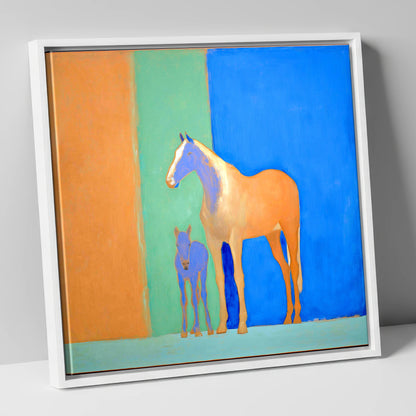 Cobalt and Sand mare & foal canvas wall art in white frame