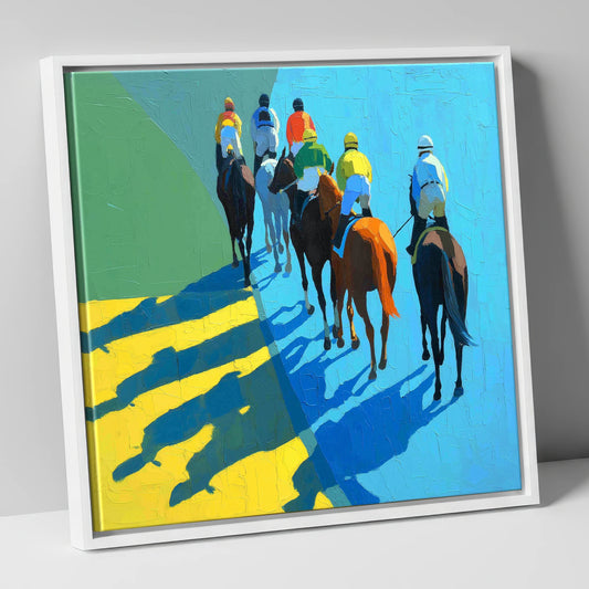 Bright Silks Long Shadows racing horse canvas wall art in white frame