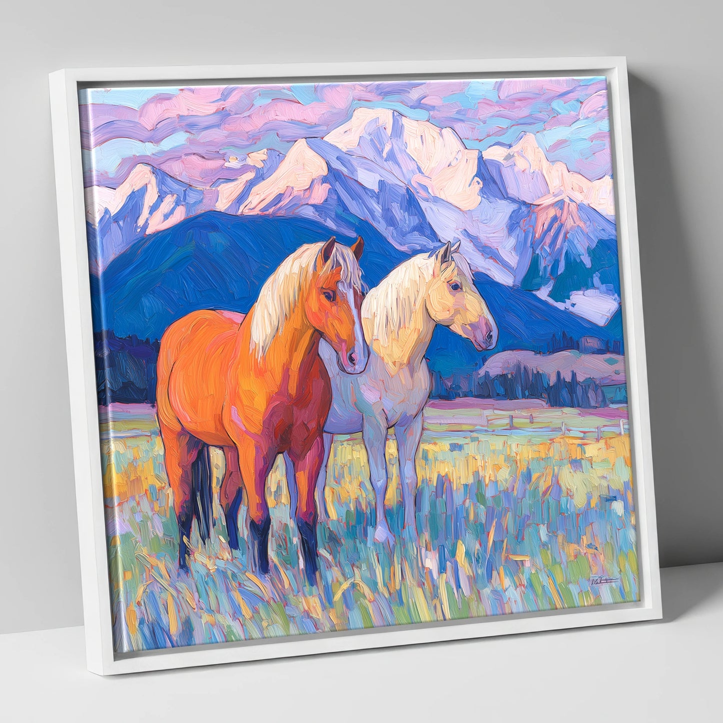 Painted Mountain Pasture horse landscape canvas wall art in white frame