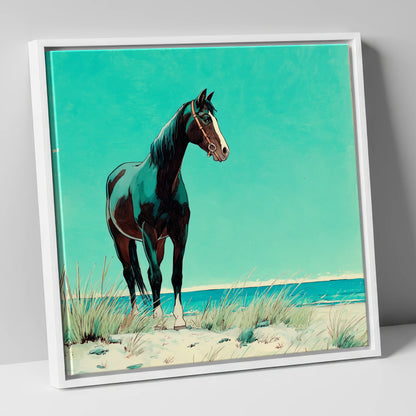 Teal Coastal Vigil horse landscape canvas wall art in white frame