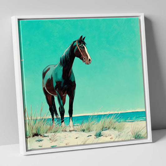 Teal Coastal Vigil horse landscape canvas wall art in white frame