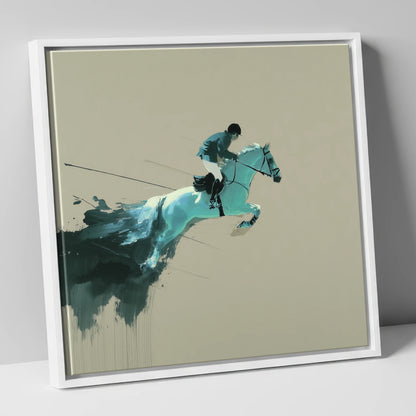 Momentum in Teal show jumping horse canvas wall art in white frame