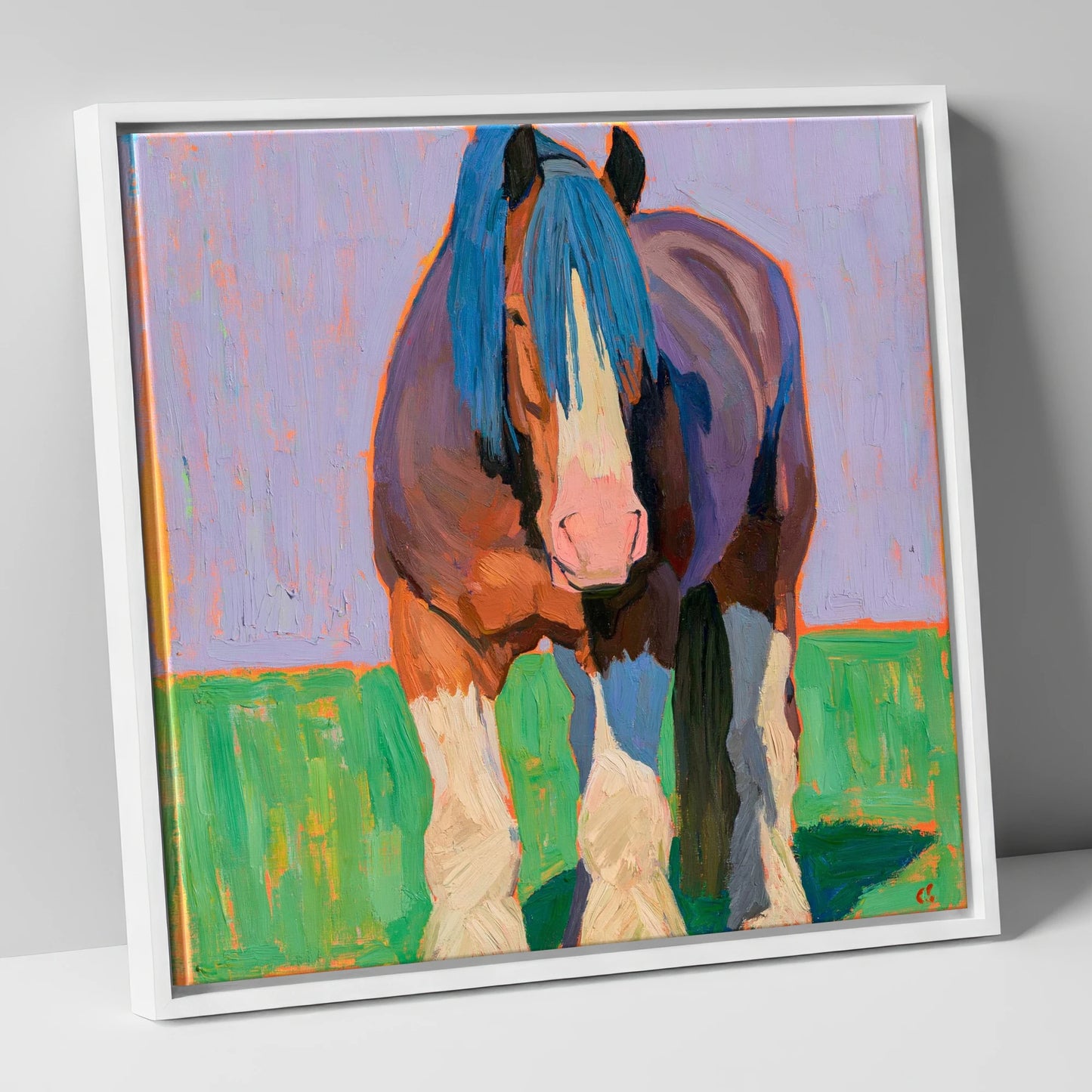 Vibrant Heavy Horse Portrait horse breed canvas wall art in white frame