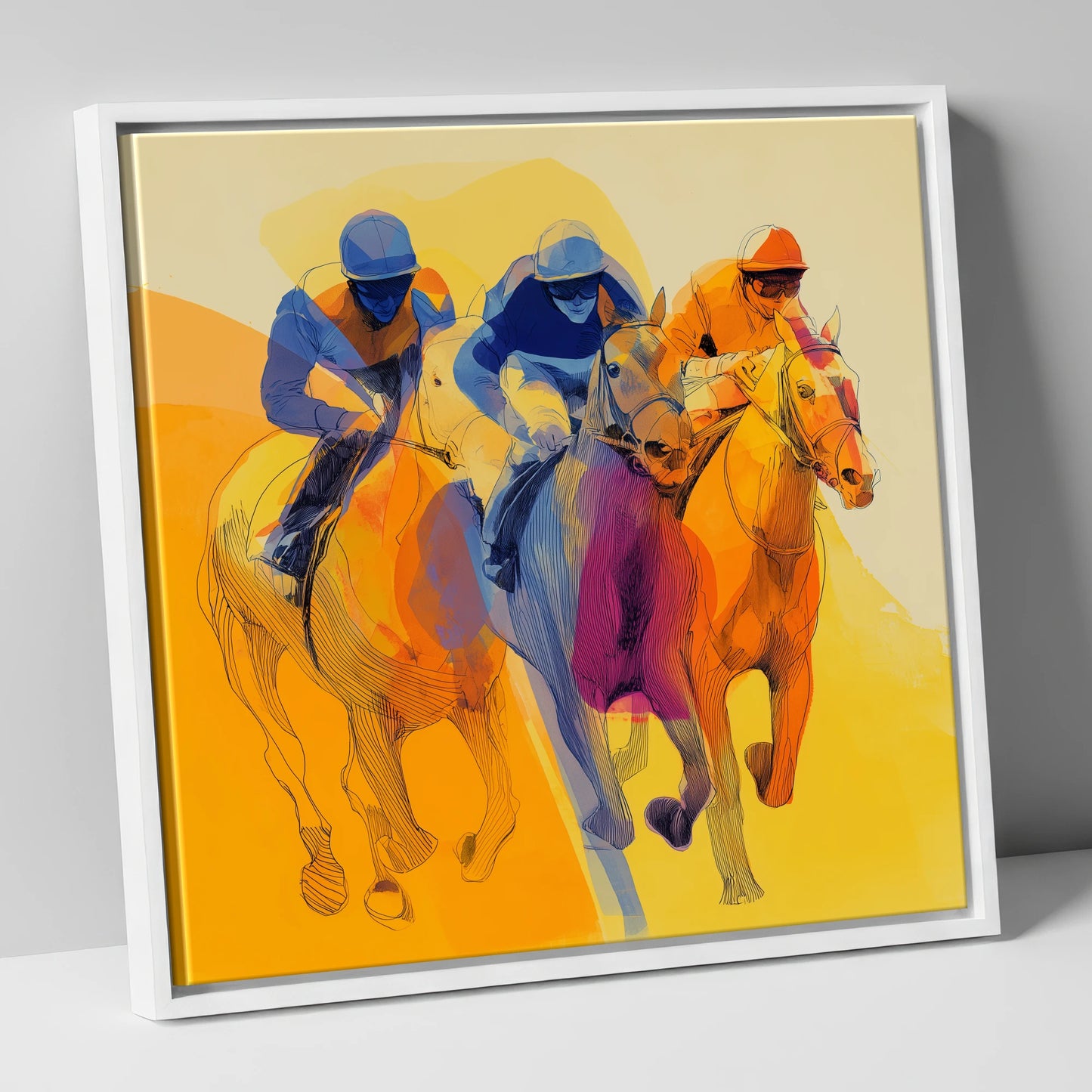 The Final Furlong racing horse canvas wall art in white frame