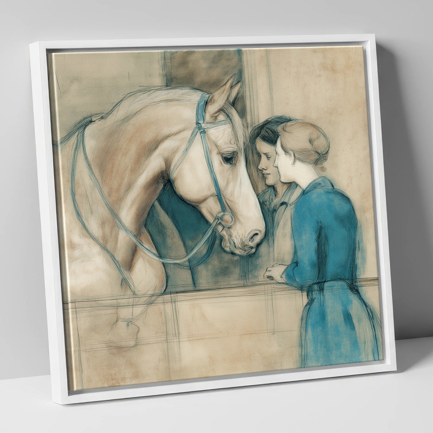 A Gentle Exchange horse & rider canvas wall art in white frame